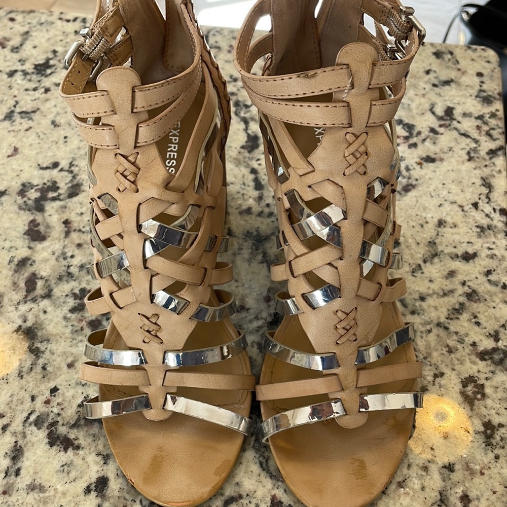 Light tan and silver gladiator style heeled sandals